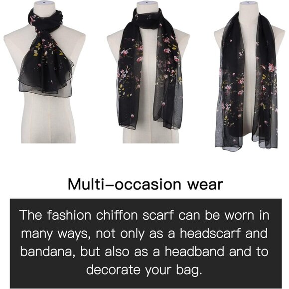 Women's Black Fashion Lightweight Head Scarf Floral Print Chiffon Scarves - Picture 4 of 7